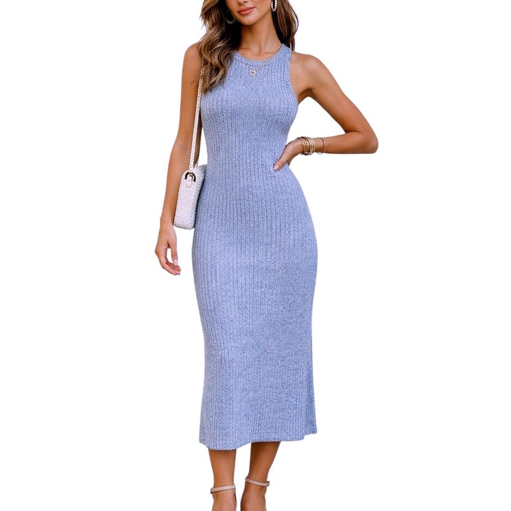 Urban Outfitters Y2K Blue White Ribbedโ Knit Sleeveless Bodycon Midi Dress Large
